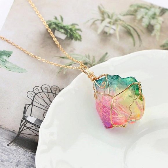 Multicolor Crystal Quartz Necklace - Colorful Stone Gold Plated Jewelry - Picture 4 of 4